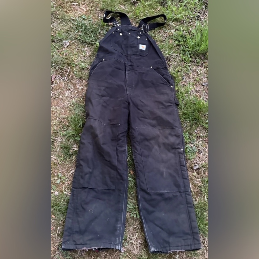 Carhartt Men's Black Red Quilted-Lined Overalls 40x30 Distressed Used Worn
